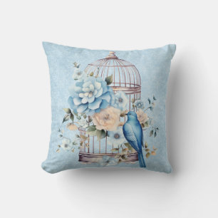 Coussin Cage à oiseaux florale à l'aquarelle vintage roman