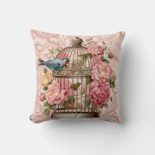 Coussin Cage à oiseaux florale à l'aquarelle vintage roman