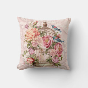 Coussin Cage à oiseaux florale à l'aquarelle vintage roman