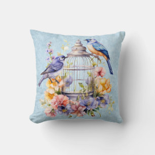 Coussin Cage à oiseaux florale à l'aquarelle vintage roman