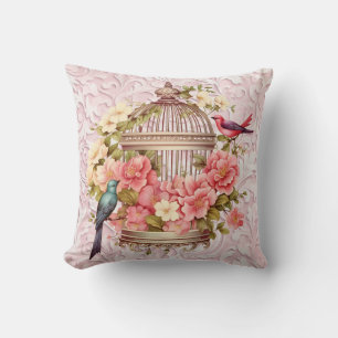 Coussin Cage à oiseaux florale à l'aquarelle vintage roman