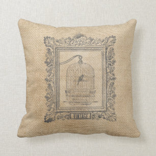 Coussin Cage à oiseaux vintage de toile de jute dans le