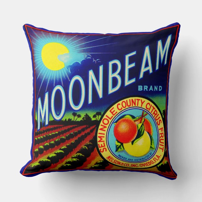Coussin Caisses de fruits des années 1940 étiquette Moonbe (Recto)