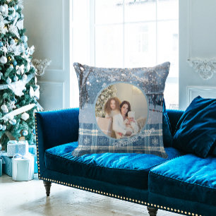 Coussin Calandre Bleue à Carreaux de Noël Hivernale 