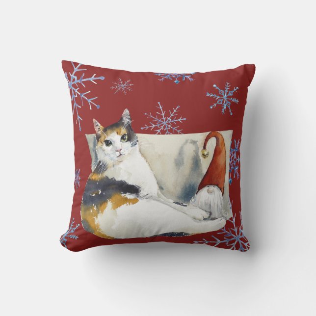 Coussin Calico Cat Gnome Noël Snowflakes (Recto)