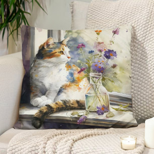 Coussin Calico Chat Fleurs violettes Fenêtre Lumière du so