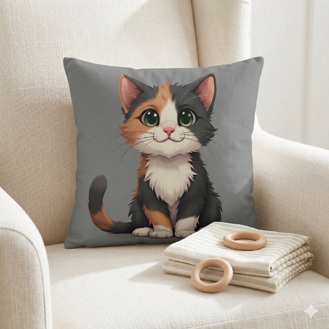 Coussin Calico Kitten Whimsical avec attitude (Whimsical Calico Kitten with Cattitude Throw Pillow Mockup A)
