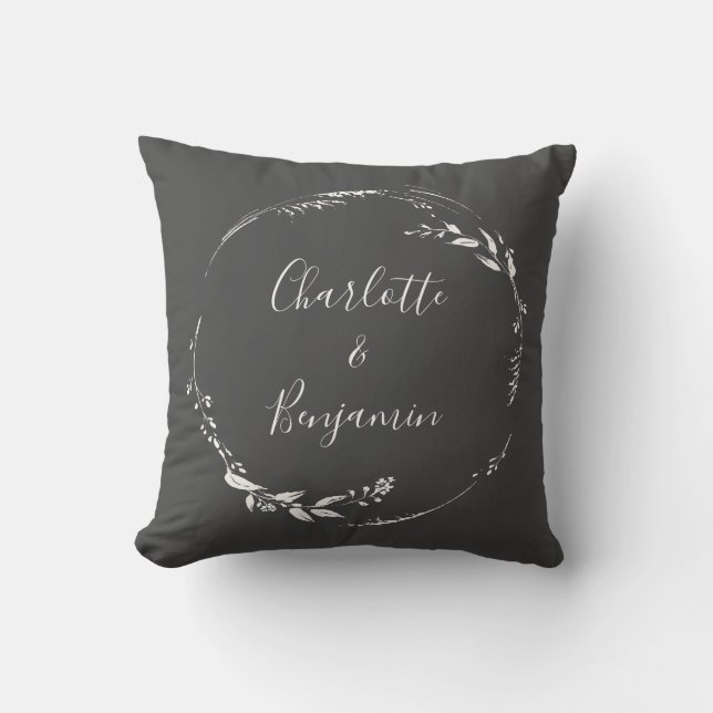 Coussin Calligraphie de couronne botanique noire personnal (Recto)