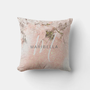 Coussin Calligraphie de monogramme floral romantique rose 
