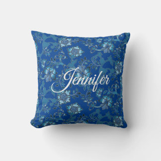 Coussin Calligraphie Elégant bleu Floral Nom personnalisé