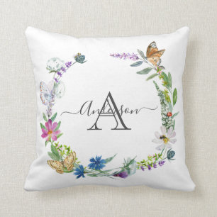 Coussin Calligraphie Papillons Fleurs Monogramme Script