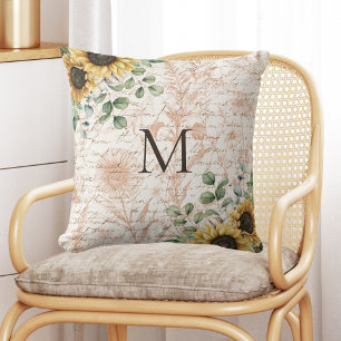 Coussin Calligraphie Tournesol Rustique Vintage Monogrammé