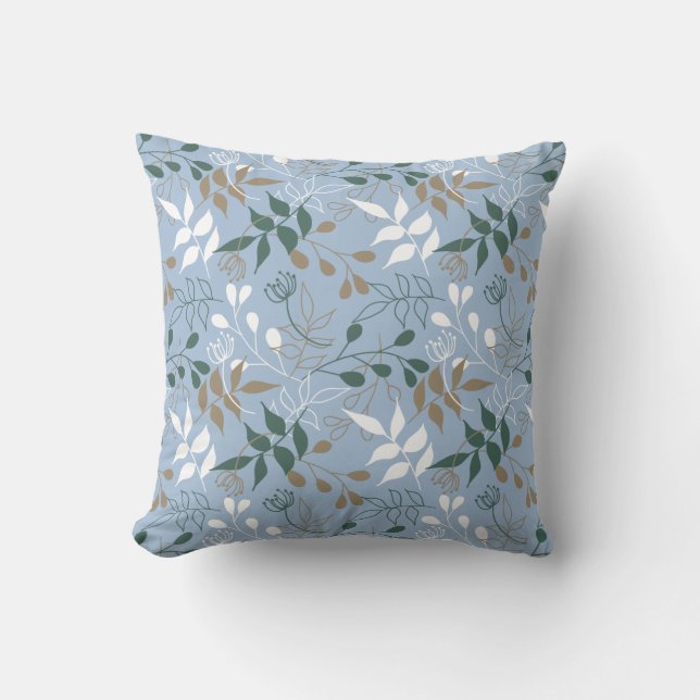Coussin Calme Feuilles en Bleu, Vert, Beige, Blanc (Recto)