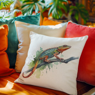Coussin caméléon sur une branche aquarelle couleurs vives