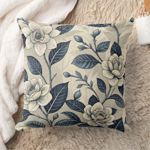 Coussin Camélia ivoire Indigo Bleu Chinoiserie Botanique