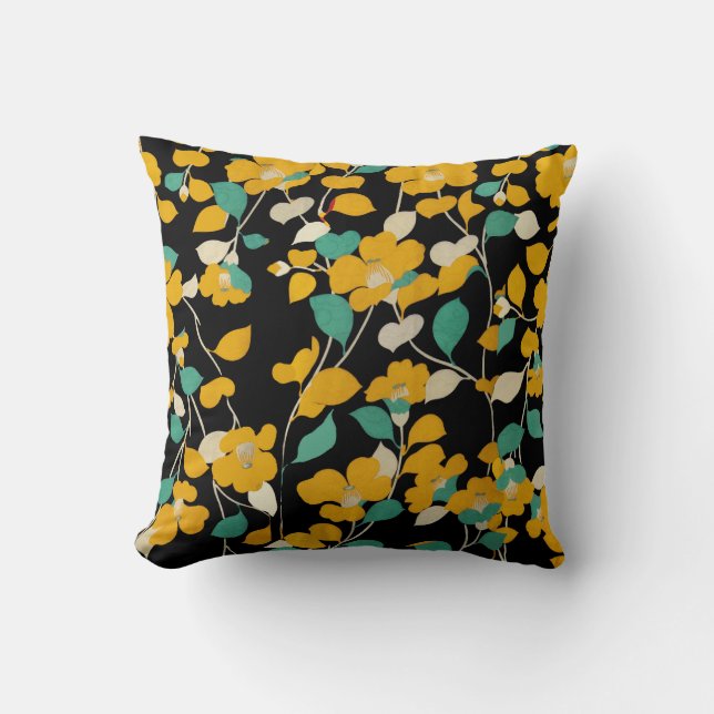 COUSSIN CAMELLIAS JAUNES, FEUILLES BLANCS VERTS NOIR (Recto)