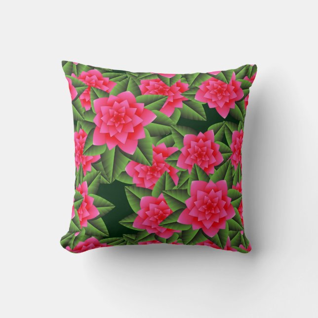 Coussin Camellias rose corail et Feuilles verts (Recto)