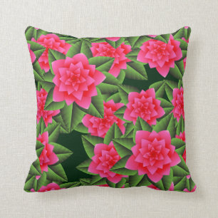 Coussin Camellias rose corail et Feuilles verts