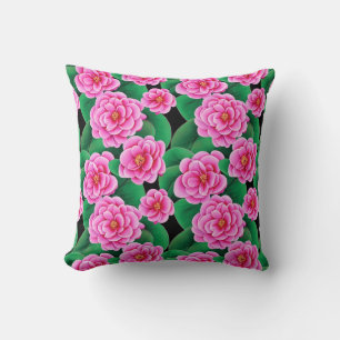 Coussin Camellias rose Fuchsia et Feuilles verts Jade