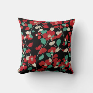 Coussin CAMELLIAS ROUGES, FEUILLES BLANCS VERTS NOIR Flora