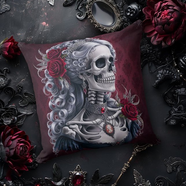 Coussin Cameo de crâne féminin en rouge (Créateur téléchargé)