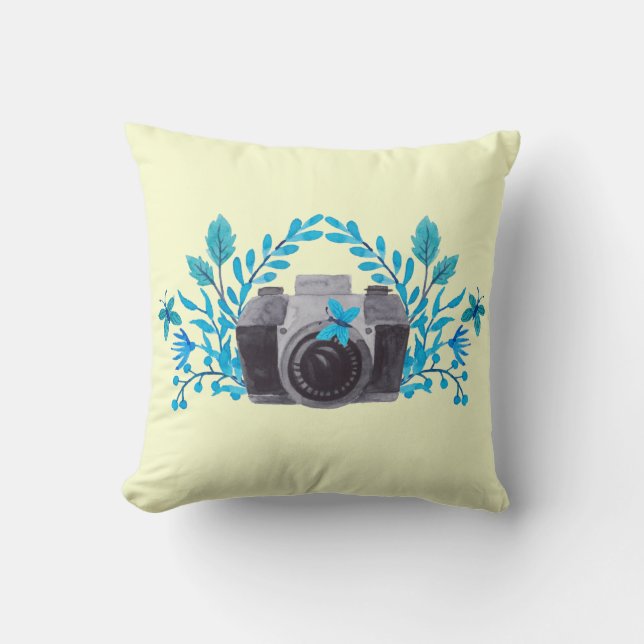 Coussin Caméra Avec Feuilles Bleus Azur Et Papillons (Recto)