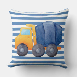Coussin Camion ciment jaune sur Arrière - plan rayé bleu