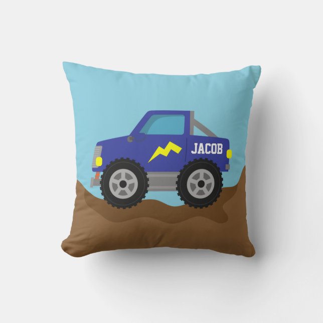 Coussin Camion Monstre Bleu de Course, pour la chambre des (Recto)