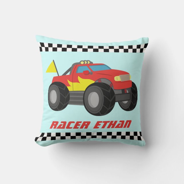 Coussin Camion Monstre Rouge de Course, pour la chambre de (Recto)