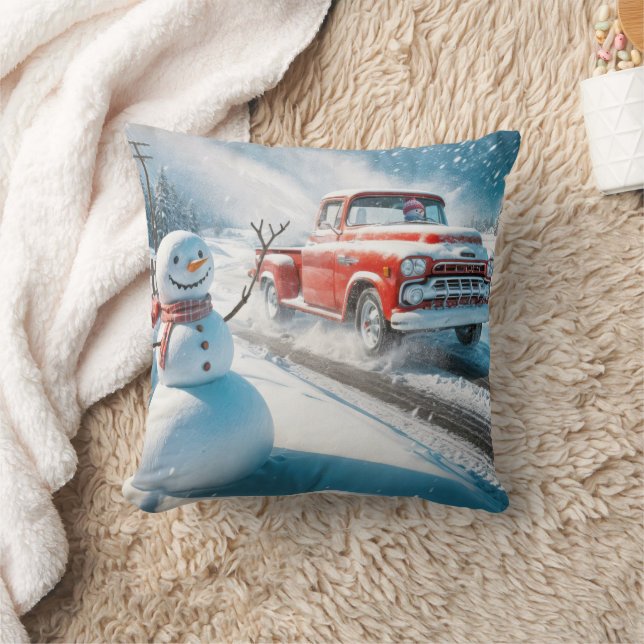 Coussin Camion Red Retro de Noël avec Snowman (Couverture)
