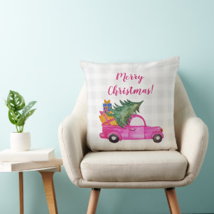Coussin Camion rose de Noël avec arbre et voeux