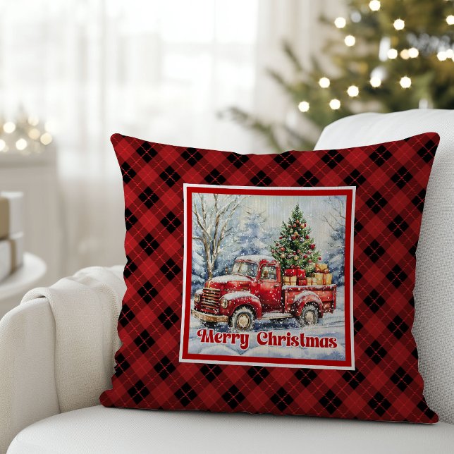 Coussin Camion rouge chaud scène hivernale rouge vert rust (Warm red truck winter scene rustic red green pillow decor

)