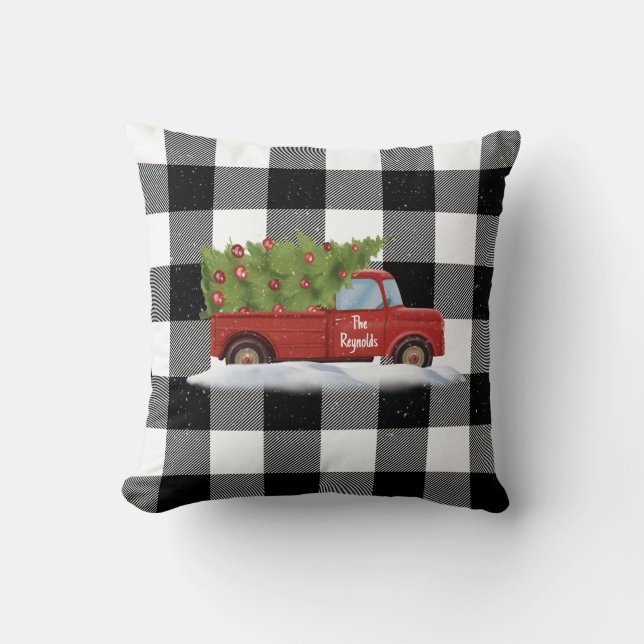 Coussin Camion rouge de Noël sur pilé avec nom (Recto)