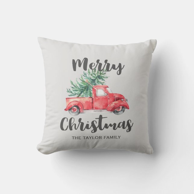 Coussin Camion rouge et arbre Joyeux Noël (Recto)