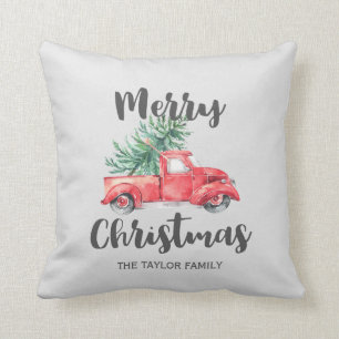 Coussin Camion rouge et arbre Joyeux Noël