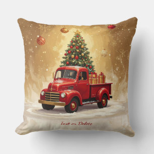 Coussin Camion Rouge Vintage avec Sapin de Noël et Cadeaux