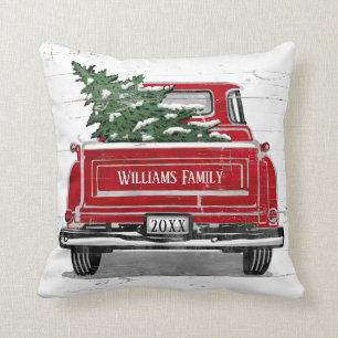 Coussin Camion rouge Vintage avec sapin de Noël Nom de fa