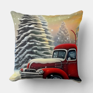Coussin Camion rouge Vintage de Noël et arbres à neige