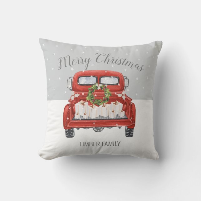 Coussin Camion Rouge Vintage Noël Gris Blanc (Recto)