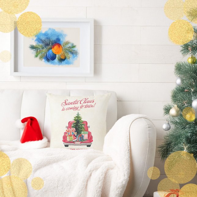 Coussin Camion rouge vintage Père Noël (Vintage Red Truck Santa Claus Throw Pillow)