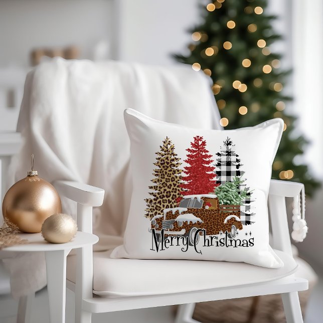 Coussin Camion Vintage Noël Joyeux Noël Damier Léopard (Vintage truck and buffalo plaid Christmas trees "Merry Christmas" decorator pillow)