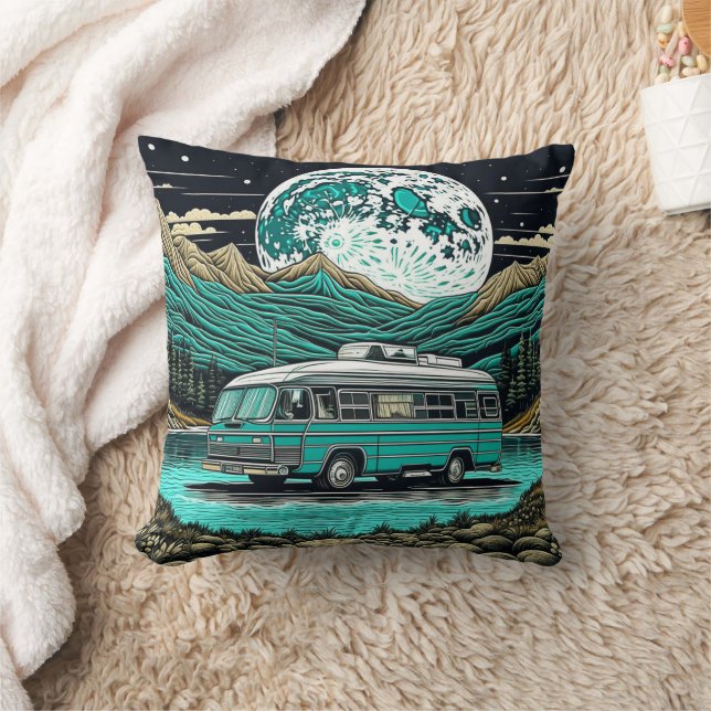 Coussin Camionnette rétro sarcelle dans les montagnes Rétr (Couverture)