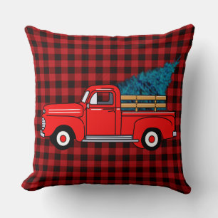 Coussin Camionnette rouge vintage, motif à carreaux buffle