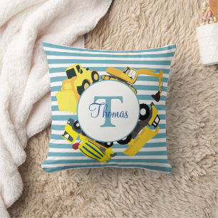 Coussin Camions de construction Monogramme à rayures bleue