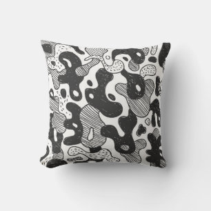 Coussin camouflage abstrait style doodé, noir