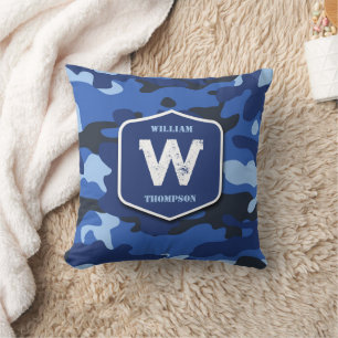 Coussin Camouflage bleu Camo Motif de l'armée Monogramme