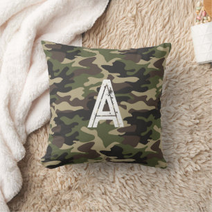 Coussin Camouflage Brown vert initial du monogramme robust