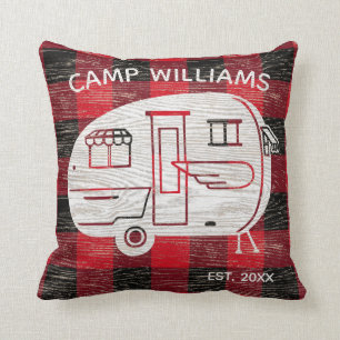 Coussin Camp Rustic Red Black Buffalo Plaid Nom de famille