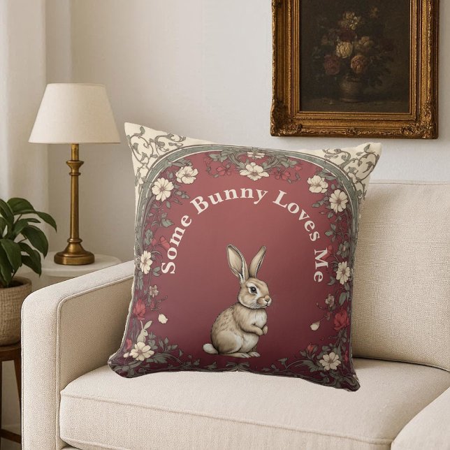 Coussin Campagnard Verdure Bourgogne Quelque Lapin M'aime (Cottagecore Greenery Burgundy Some Bunny Loves Me Throw Pillow)