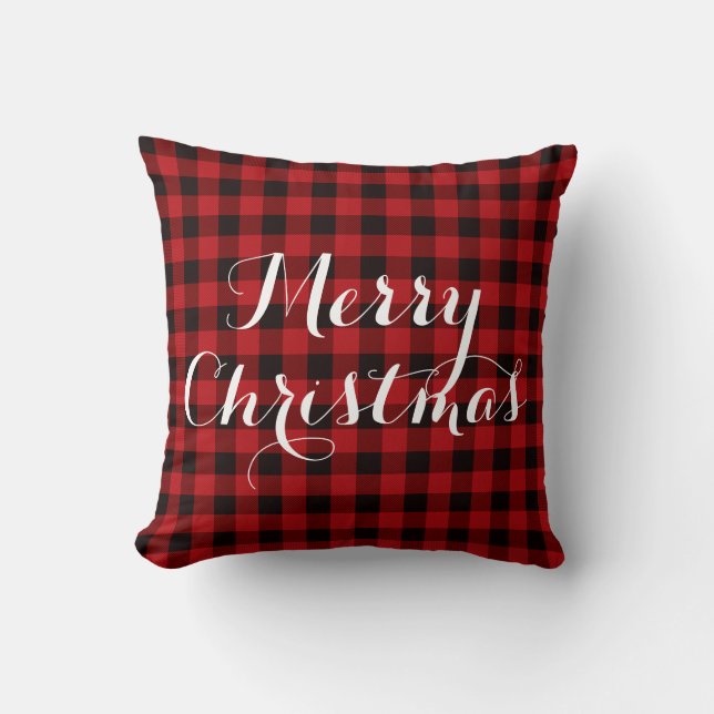 Coussin Campagne rouge et noir plaid - Joyeux Noël (Recto)